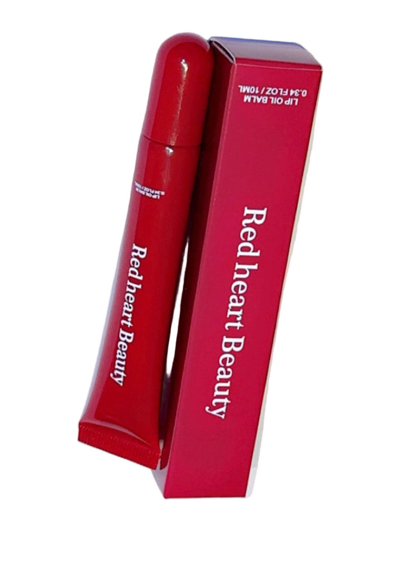 Red heart Beauty lip balm and packaging on a white background