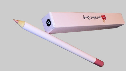 Makeup pencil with pink cap and white body, next to its packaging on a white background