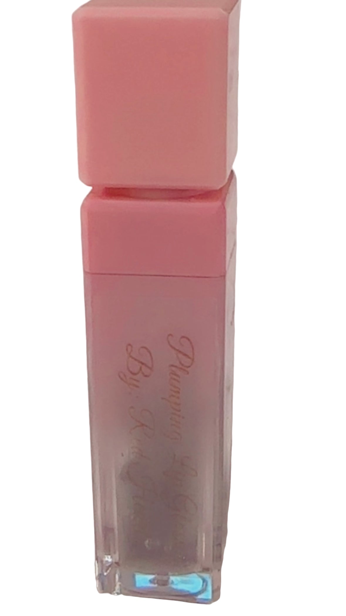 Pink lip gloss with a brand name on a white background